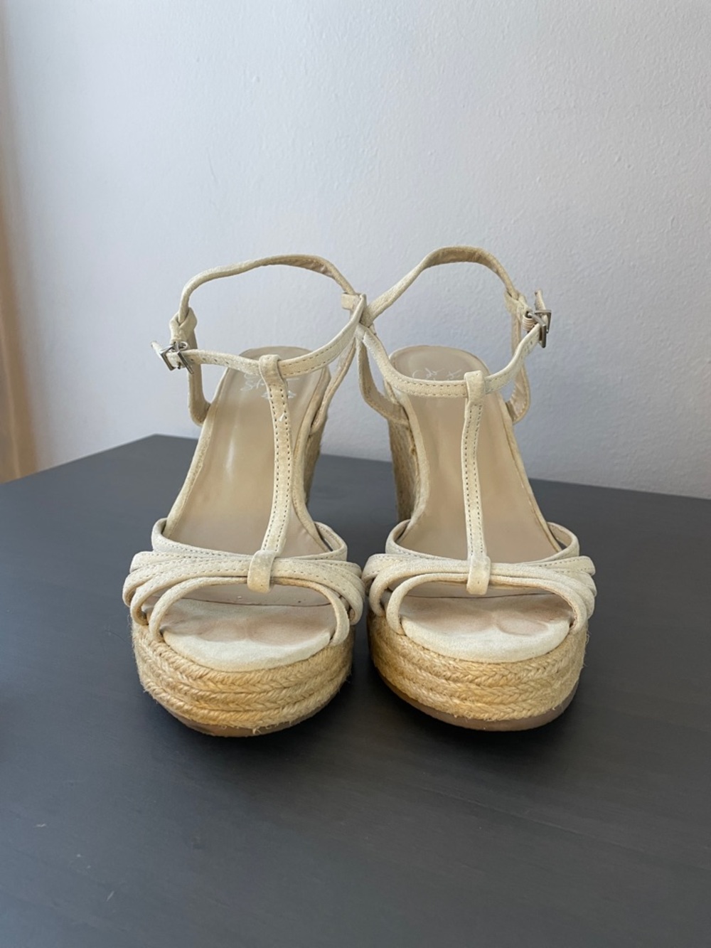 Colin Stuart Cream Espadrille T-Strap Wedge Sandals